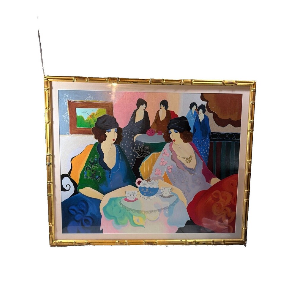 Vintage Art Deco Flapper Ladies Tea Party Framed Print Gold Bamboo Style Frame